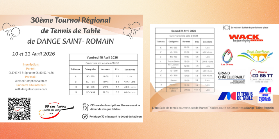 30ème tournoi régional - 10 et 11 avril 2026 - Dangé Saint-Romain (86)