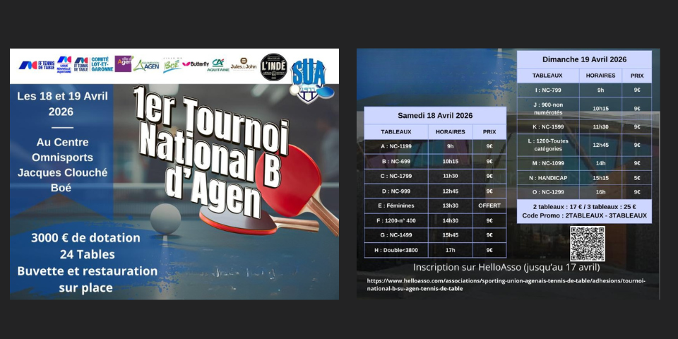 1er Tournoi National B - 18 & 19 avril 2026 - Agen (47)