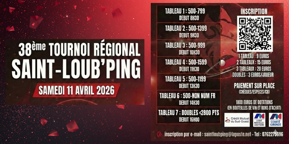 38ème tournoi régional - 11 avril 2026 - Saint-Loub'Ping (33)