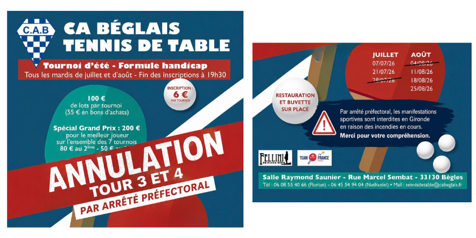 ANNULATION TOURS 3 & 4 - Tournois été 2026 CA Béglais TT